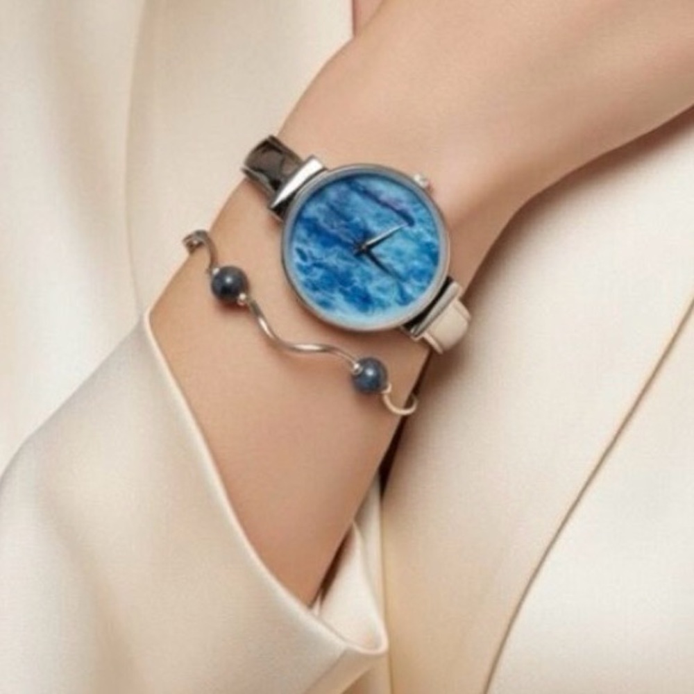 Blue Abstract Dial Watch and Bead Bracelet Set New Battery Olivia Pratt Style